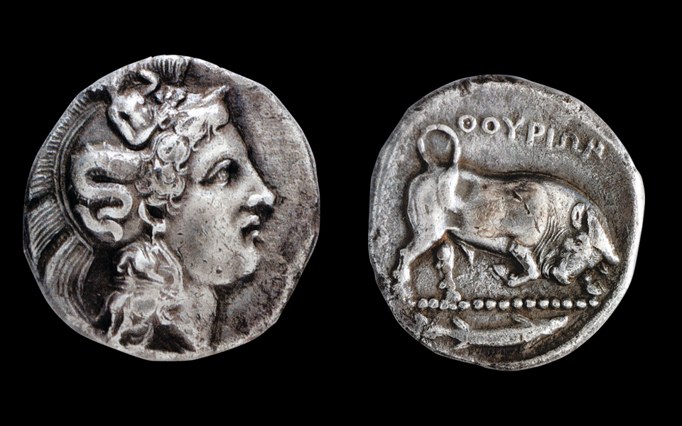 <h5>Silver double stater of Thurii (380 BC), an Athenian colony in Magna Graecia</h5>