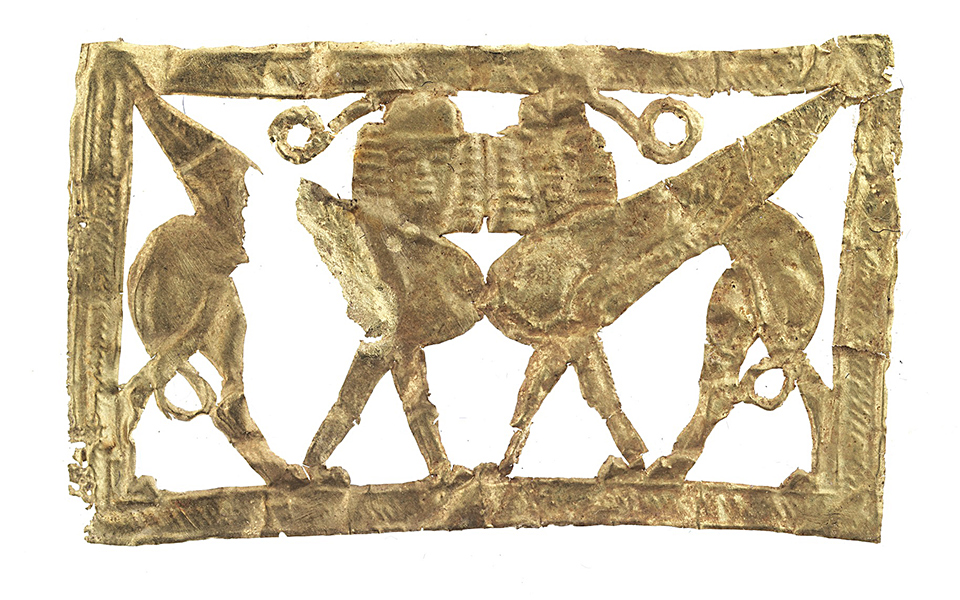 <h5>Gold cut-out sheet with heraldic sphinxes dating back to 700-630 BC</h5>