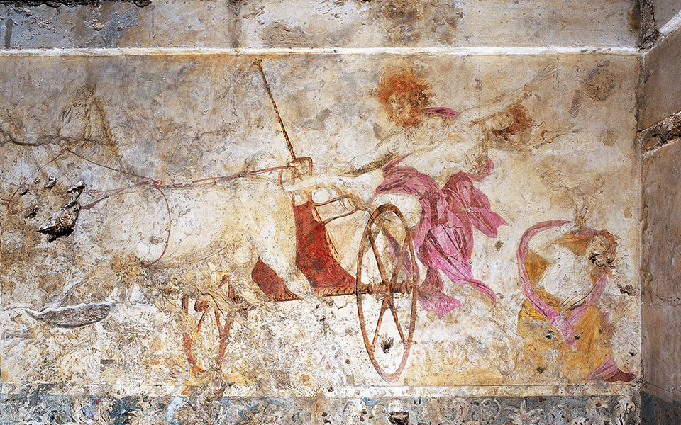 Persephone and the pomegranate: Persephone kidnapped by Hades, from the walls of Tomb I,  340 BCE, Vergina, Central Macedonia, Greece.